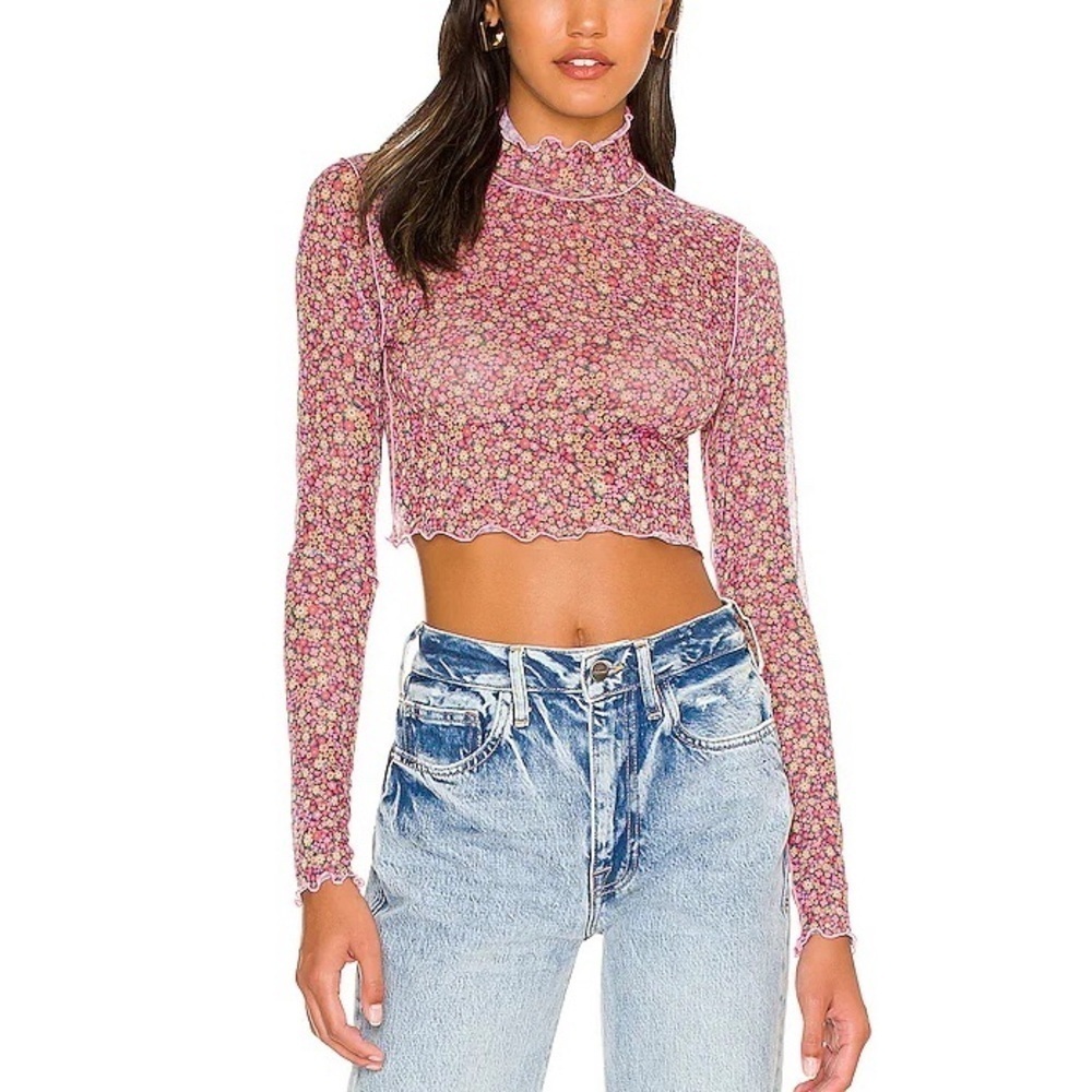 For Love and Lemons Nadia Sheer Turtleneck Crop Top in Pink